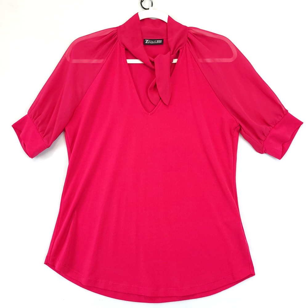 NY & C 7th Avenue Tie V Neck Blouse Short Sheer Sleeve Women S Fuchsia Office‎